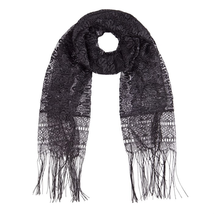 Однотонный гипюровый шарф с бахромой черный, 160х45 см C838-6