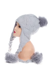 Зимняя вязаная шапка с косичками и помпонами | Капор объёмной вязки и стразами, цвет серый